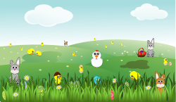 منظره عید پاک با خرگوش ها، جوجه ها، تخم مرغ ها، مرغ ها، گل ها
