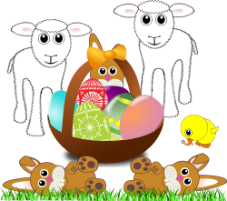 بره ها، خرگوش ها و جوجه های خنده دار با تخم مرغ های عید پاک در یک سبد