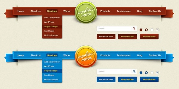 منوی مدرن عناصر GUI PSD