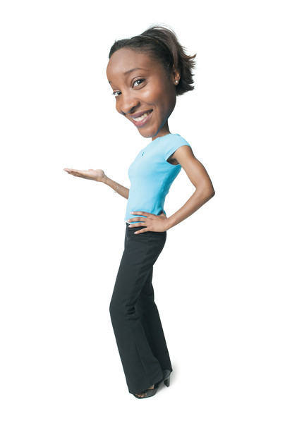 عکس کاریکاتور یک زن جوان آفریقایی آمریکایی با پیراهن آبی در حالی که با دست خود اشاره می کند و لبخند می زند