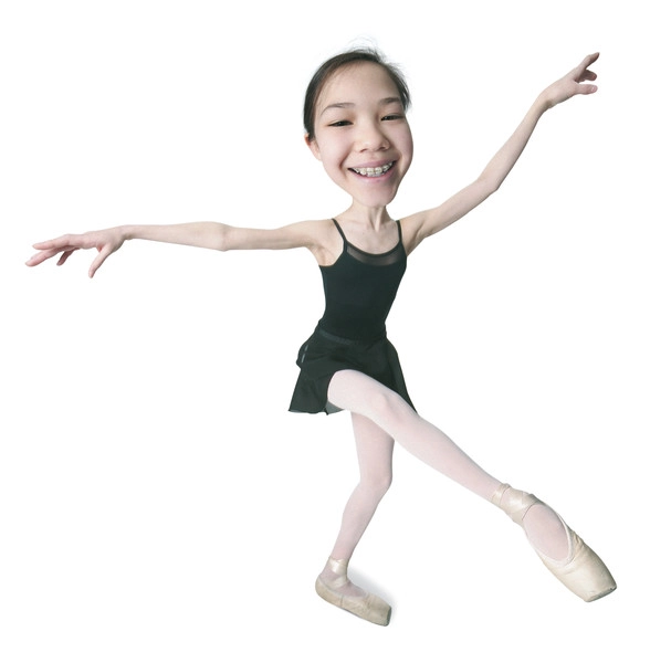 عکس کاریکاتور یک دختر جوان آسیایی با لباس رقص مشکی در حالی که روی یک پا تعادل دارد و دستانش را بالا می‌اندازد