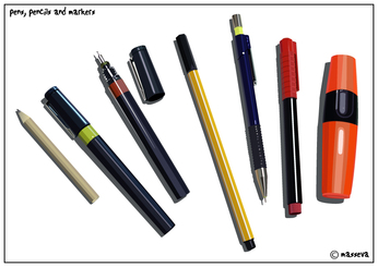 مجموعه ای از خودکار، مداد و نشانگر