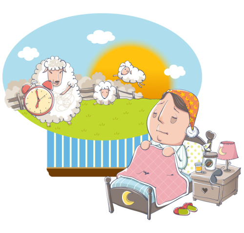 مرد کارتونی بی خوابی در حال شمارش گوسفند تصویرگر وکتور mater