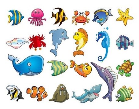 مجموعه وکتور کارتونی حیوانات دریایی
