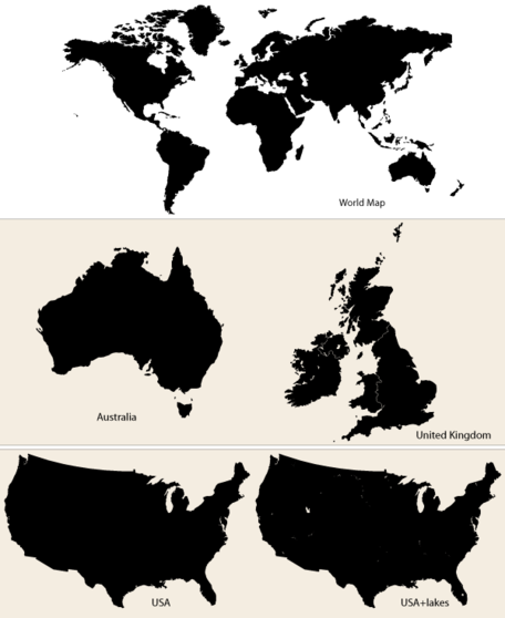 نقشه های برداری: نقشه جهان، استرالیا، انگلستان و ایالات متحده آمریکا